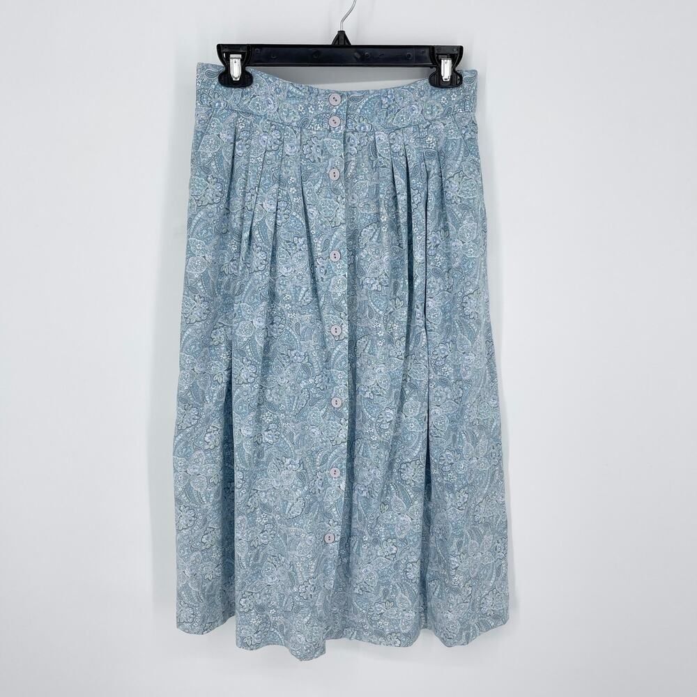 Crescent Bay VINTAGE Skirt 12 Blue Floral Paisley Pleats Buttons Elastic Waist